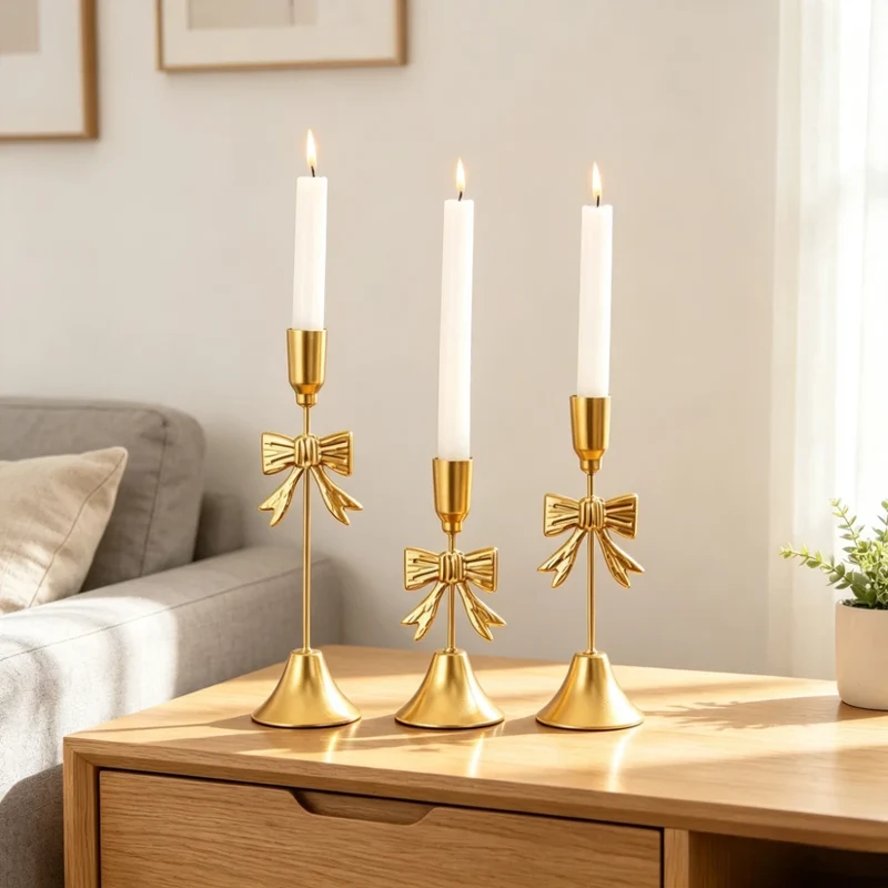 3-teiliges Set goldener Vintage-Kerzenständer mit Schleifen