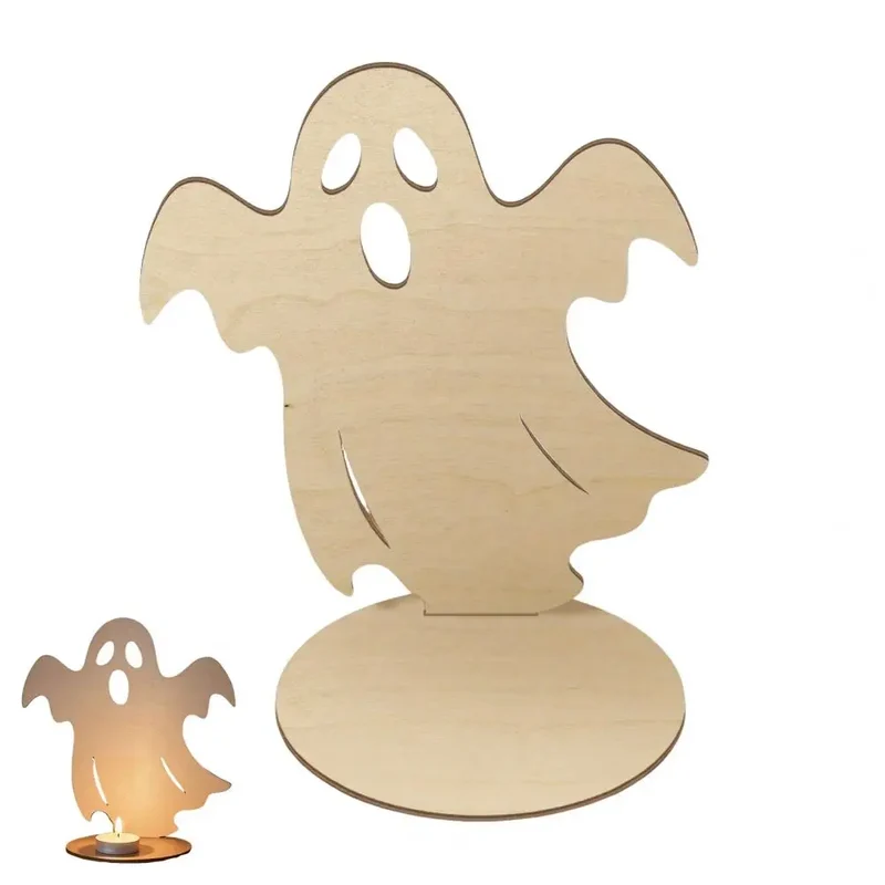 Halloween-Kerzenhalter aus Holz mit Geister-Schattenmotiv